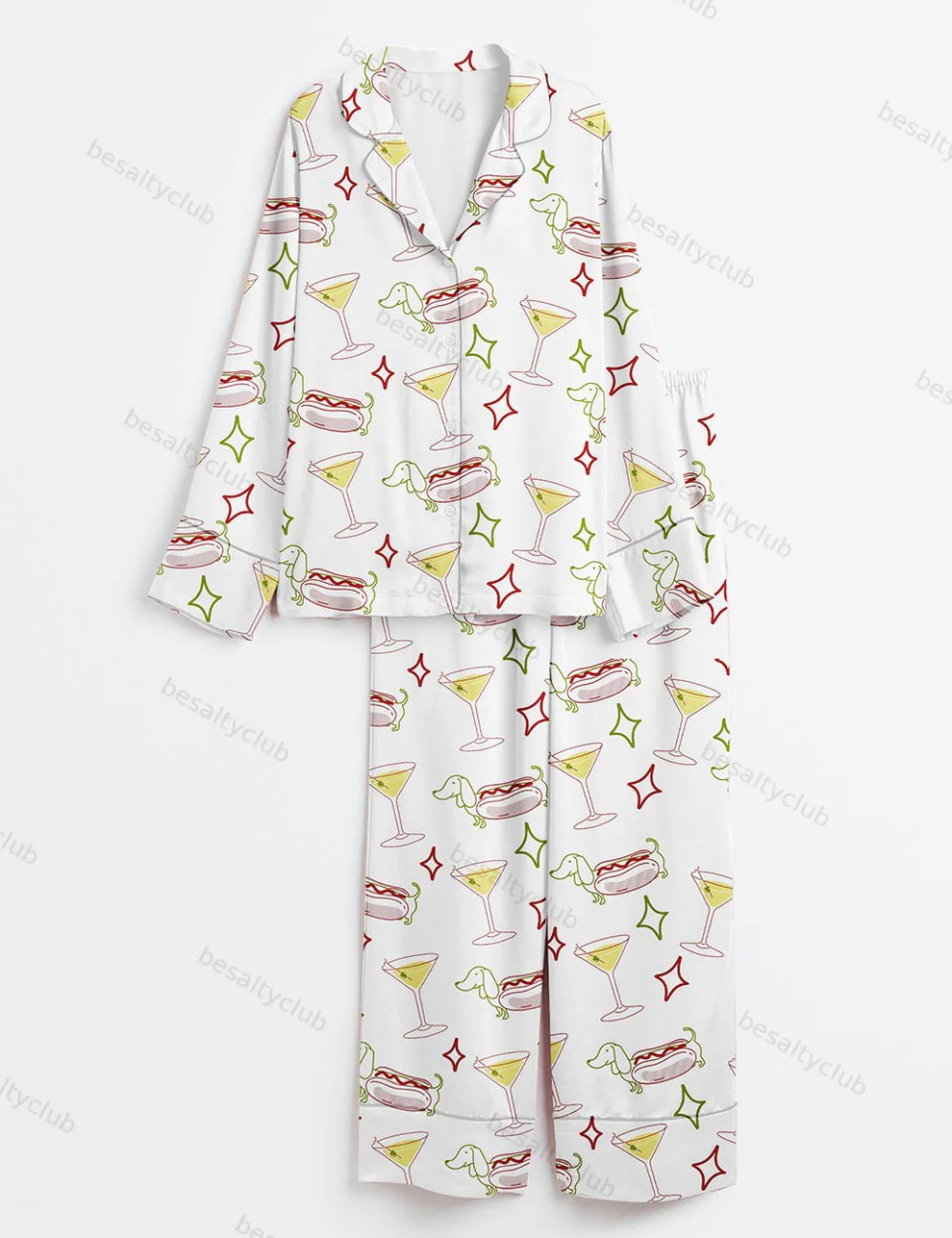 Dachshund Weenies And Tinis Bachelorette Or Birthday Hot Dogs And Martinis Print Long Sleeve Satin Pajama Set