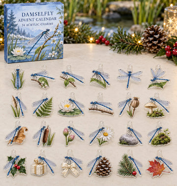 Damselfly advent calendar with 24 custom-shaped flat acrylic charms and printed dimensional artwork 2026 - 24-Day Countdown, Acrylic Charms
