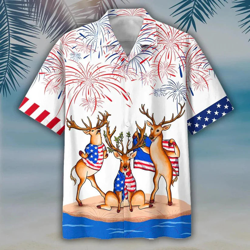 Deer Aloha Hawaiian Shirts For Summer, Independence Day Is Coming, Happy 4th Of July American Deer Hawaiian Shirt For Men Women, Gift For Deer Lovers