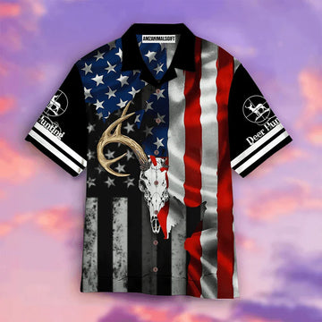 Deer Skull American Flag Black Blue And Red Aloha Hawaiian Shirts For Men Women, 4th July Gift For Summer, Friend, Family, Independence Day