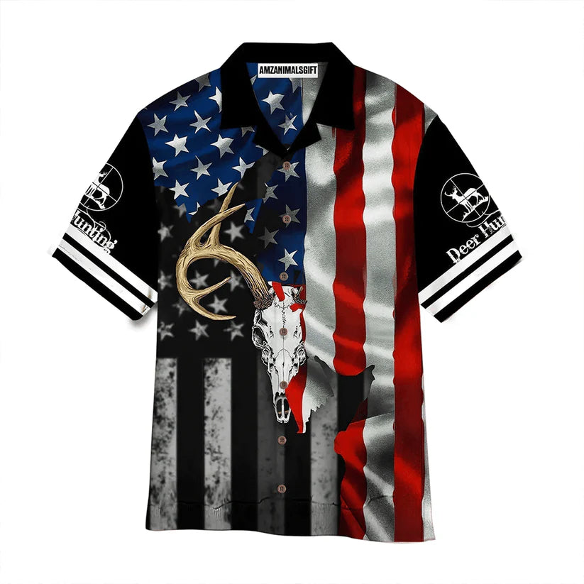 Deer Skull American Flag Black Blue And Red Aloha Hawaiian Shirts For Men Women, 4th July Gift For Summer, Friend, Family, Independence Day