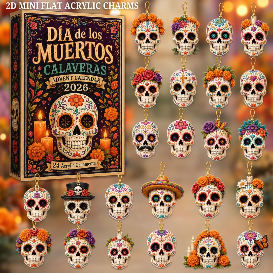 Dia De Los Muertos Calaveras Advent Calendar 2026 24 Day Festive Countdown Acrylic Charms Blind Box Gift For Family Friends