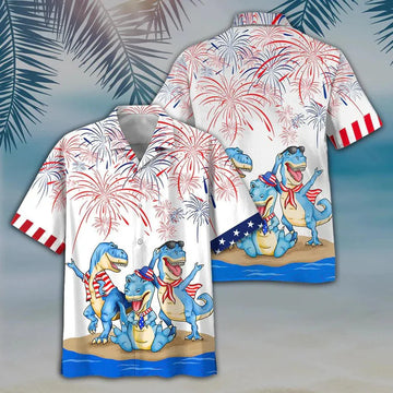 Dinosaur Aloha Hawaiian Shirts For Summer, Happy Independence Day USA Flag Aloha Hawaiian Shirt For Men Women, Fourth July Gift For Dinosaur Lovers