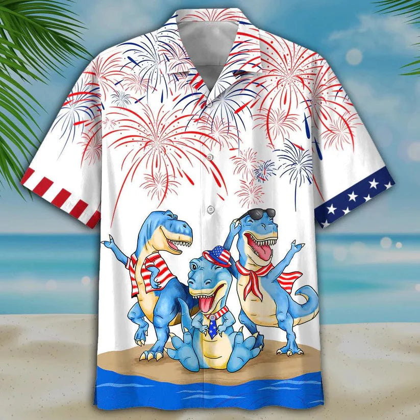 Dinosaur Aloha Hawaiian Shirts For Summer, Happy Independence Day USA Flag Aloha Hawaiian Shirt For Men Women, Fourth July Gift For Dinosaur Lovers