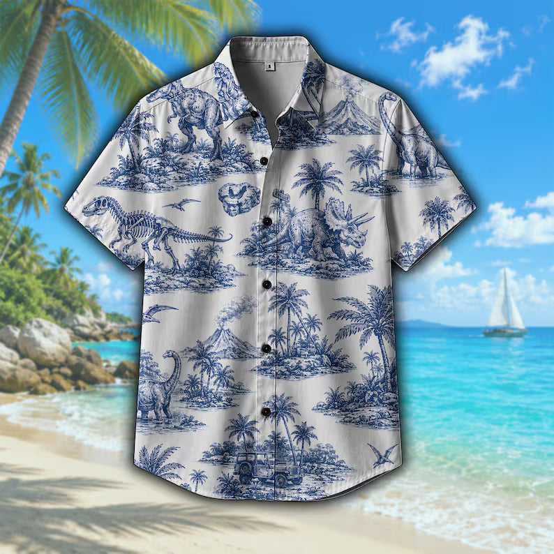 Dinosaur Hawaiian Shirt, Jurassic Tropical Button Down Shirt, Dino Beach Vacation Shirt, Summer Gift For Men Dad