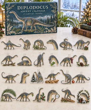 Diplodocus advent calendar with 24 custom-shaped flat acrylic charms and printed dimensional artwork 2026 - 24-Day Countdown, Acrylic Charms