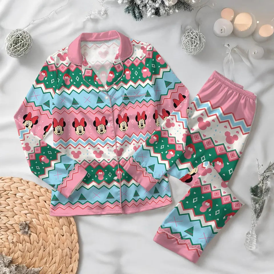Disney Minnie Mouse Christmas Pink Satin Pajama Set for Adults, Mickey's Very Merry Christmas Party Sleepwear