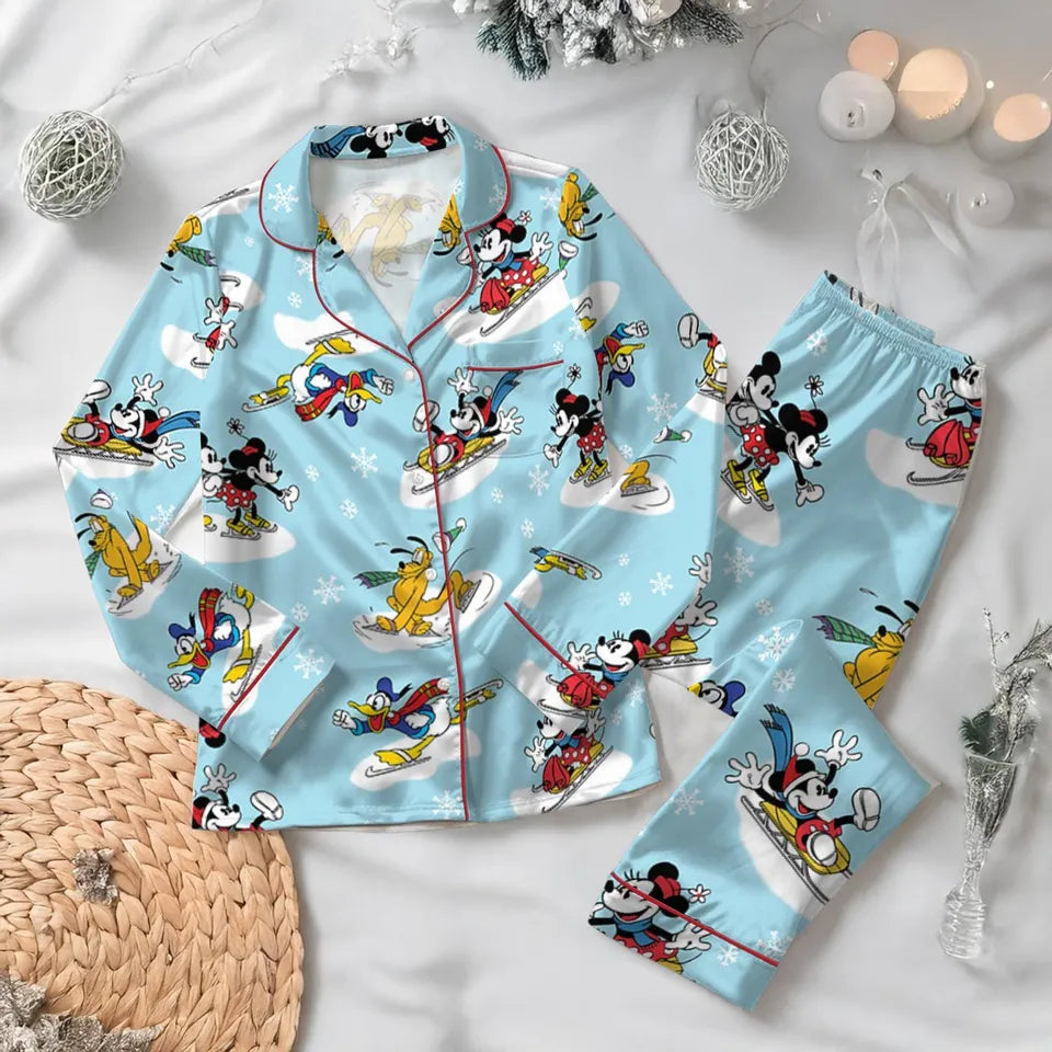 Disney Parks Mickey Mouse & Friends Satin Pajama Set, Christmas Mickey and Friends Skiing Pajamas, Magic Kingdom Sleepwear