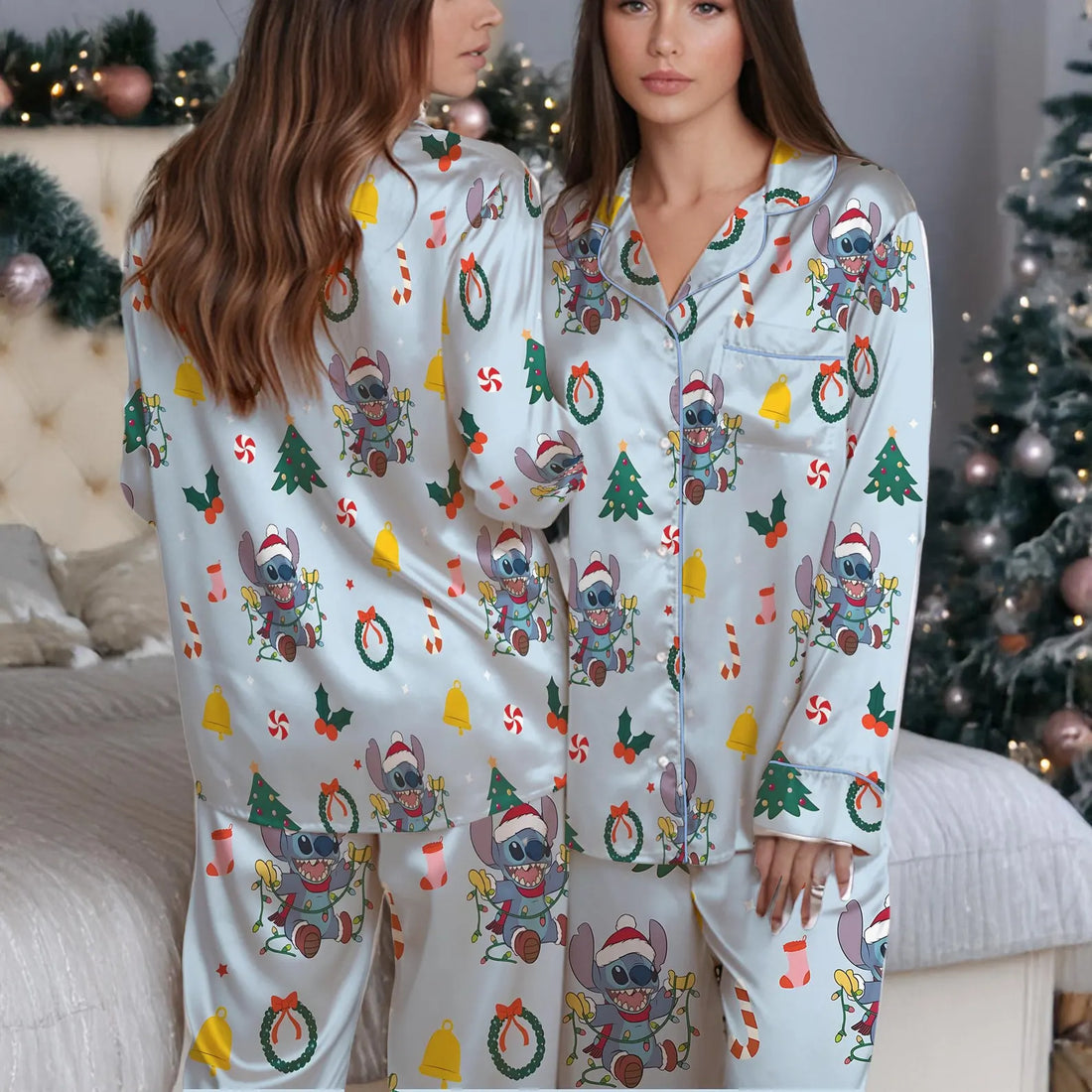 Disney Stitch Christmas Satin Pajamas Set, Lilo & Stitch Loungewear, Disney Stitch Silk Pajamas, Cartoon Sleepwear