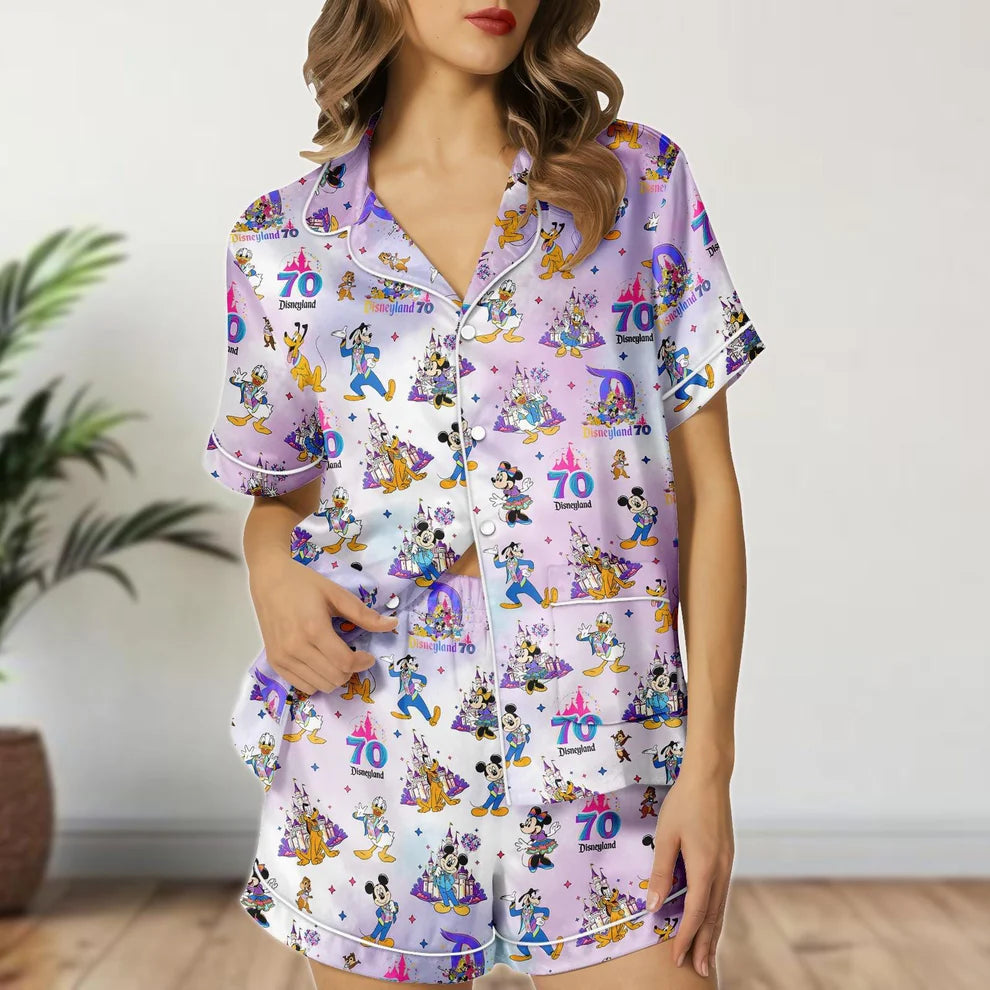 Disneyland 70th Anniversary Satin Pajamas Shorts, Mickey Mouse Sleepwear, Cute Disney Gift For Her Birthday, Disneyland Shirt