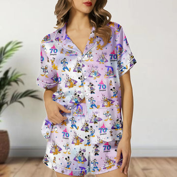Disneyland 70th Anniversary Satin Pajamas Shorts, Mickey Mouse Sleepwear, Cute Disney Gift For Her Birthday, Disneyland Shirt