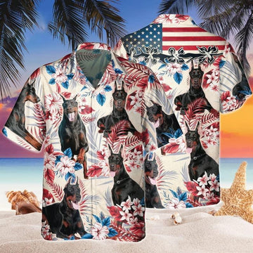 Dobermann Aloha Hawaiian Shirts For Summer, Dobermann Tropical Independence Day USA Flag Hawaiian Shirt For Men Women, 4th of July Gift For Dog Lovers