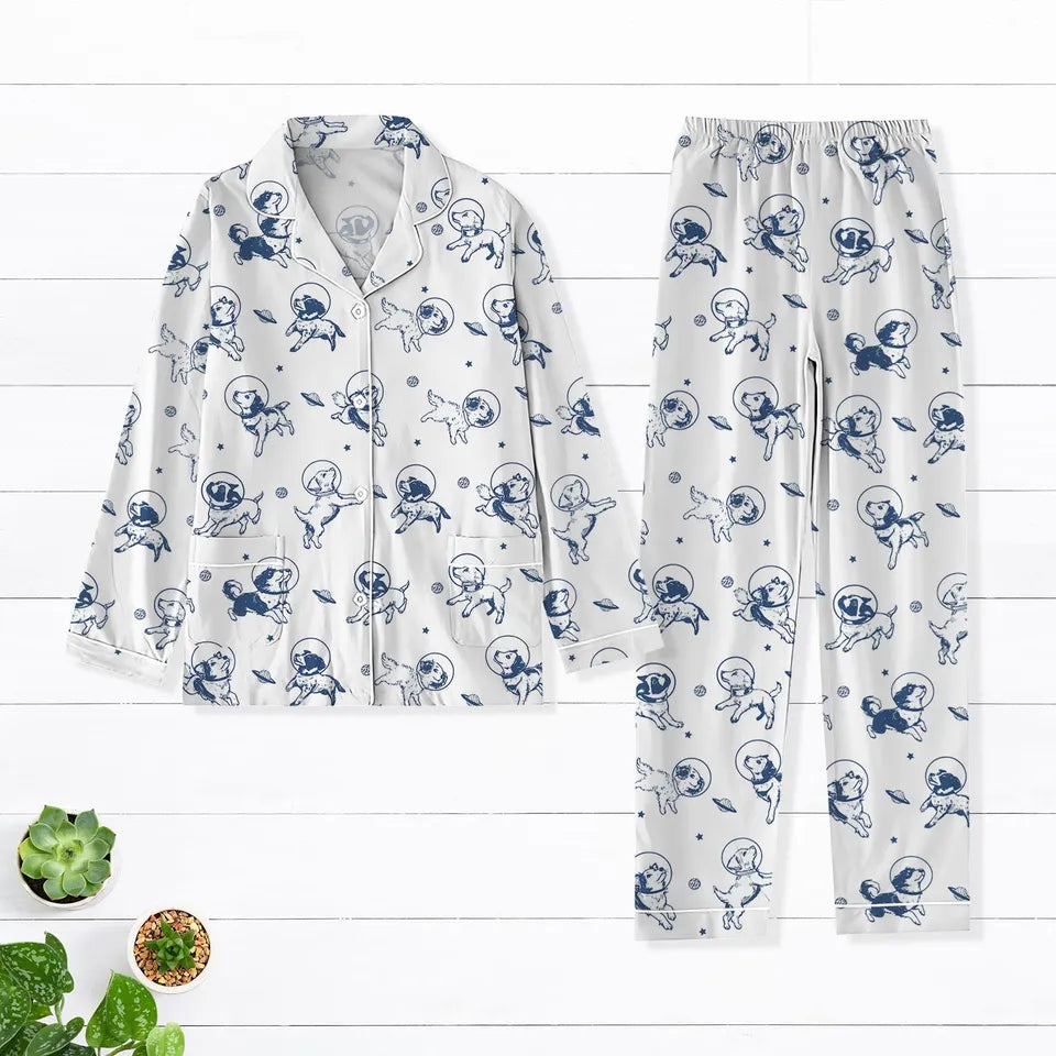 Dogs in Space Pajamas Set, Funny Dog Pajamas, Galaxy Space Dogs Pajamas, Dog Lover Gift, Dog Mom Pajamas, Pajamas For Mom