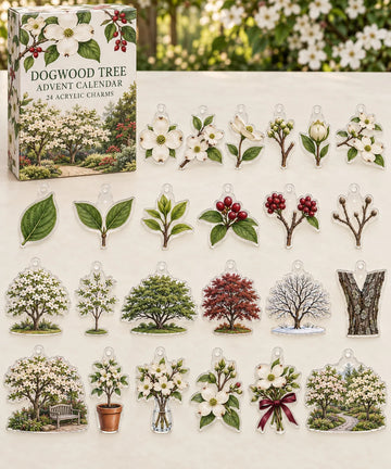 Dogwood Tree advent calendar with 24 custom-shaped flat acrylic charms and printed dimensional artwork 2026 - 24-Day Countdown, Acrylic Charms