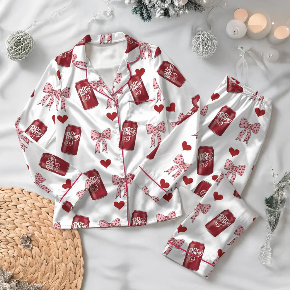 Dr Pepper Satin Pajamas Set, Dr Pepper Soda Lover Pajamas, Lover Drinks Loungewear, Coquette Diet Pepper Sleepwear, Gift for Dr Pepper Lover