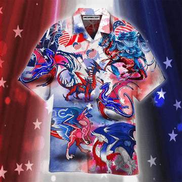 Dragon American Flag Red And Blue Aloha Hawaiian Shirts For Men Women, 4th Of July Gift For Summer, Friend, Family, Independence Day, Dragon Lovers