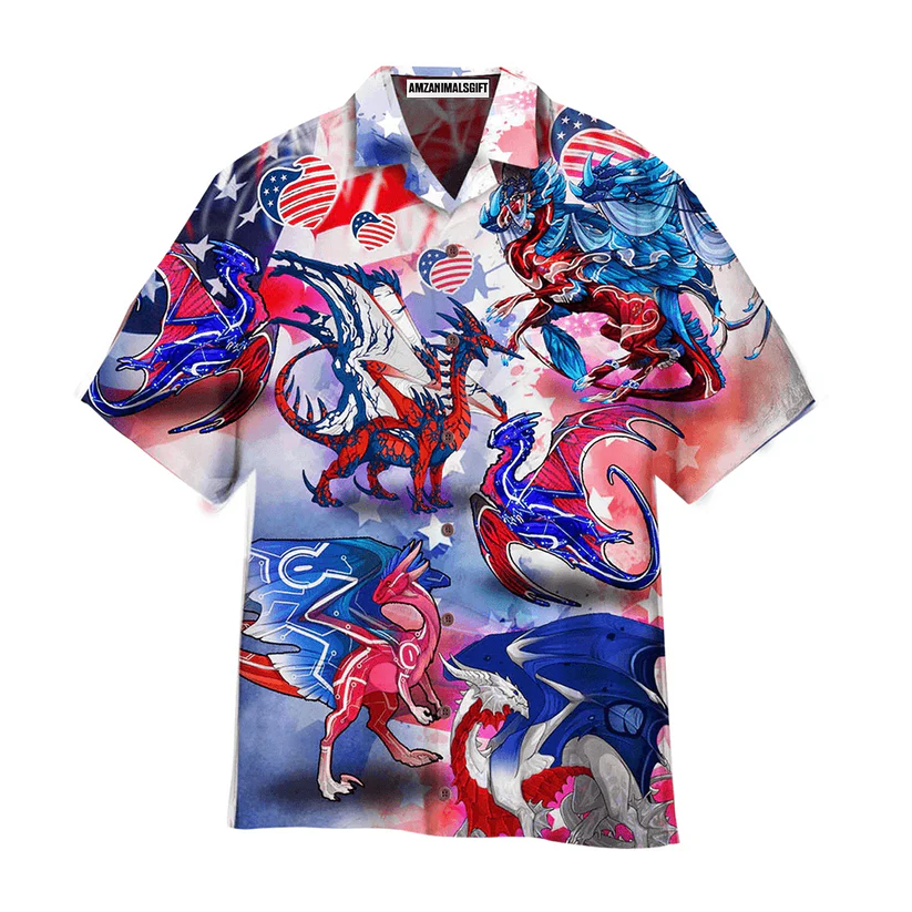 Dragon American Flag Red And Blue Aloha Hawaiian Shirts For Men Women, 4th Of July Gift For Summer, Friend, Family, Independence Day, Dragon Lovers