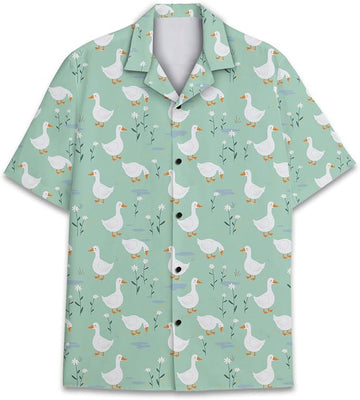 Duck Hawaiian Shirt – Cute White Duck Mint Green Daisy Aloha Button Down
