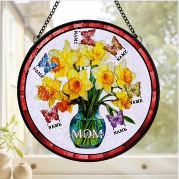 Everlasting Daffodils In Vase With Names Personalized Window Stained Glass Suncatcher Gift For Mom Mom Daffodils In Vase With Her Kids Name