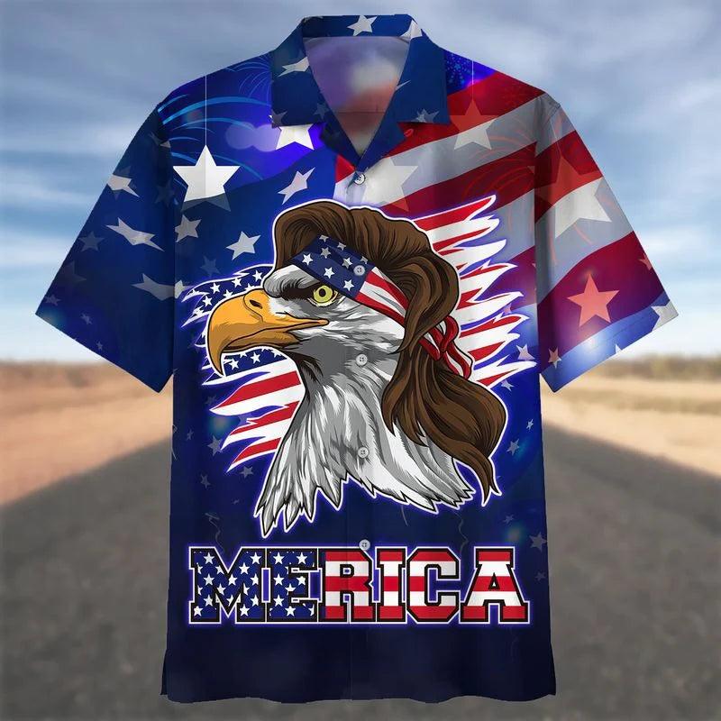 Eagle Independence Day Aloha Hawaiian Shirts For Summer, Blue Merican Fourth Of July USA Flag Aloha Hawaiian Shirt For Men Women, Patriot