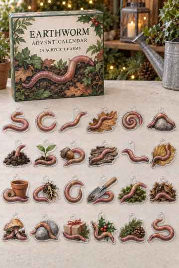 Earthworm advent calendar with 24 custom-shaped flat acrylic charms and printed dimensional artwork 2026 - 24-Day Countdown, Acrylic Charms