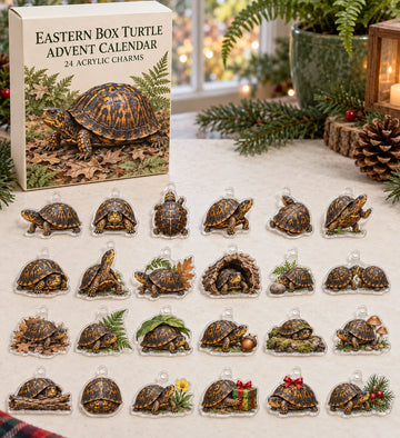 Eastern Box Turtle advent calendar with 24 custom-shaped flat acrylic charms and printed dimensional artwork 2026 - 24-Day Countdown, Acrylic Charms