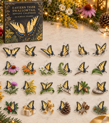 Eastern Tiger Swallowtail advent calendar with 24 custom-shaped flat acrylic charms and printed dimensional artwork 2026 - 24-Day Countdown, Acrylic Charms