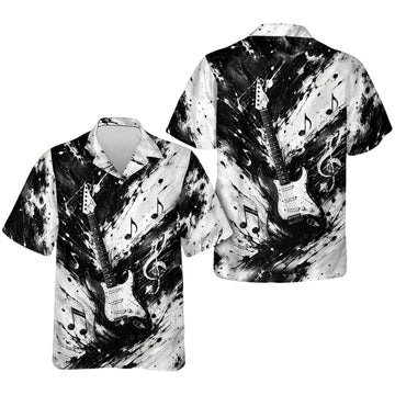 Electric Guitar Black And White Hawaiian Shirt For Men, Rock Guitar Hawaiian Shirt For Guitarist HE0339