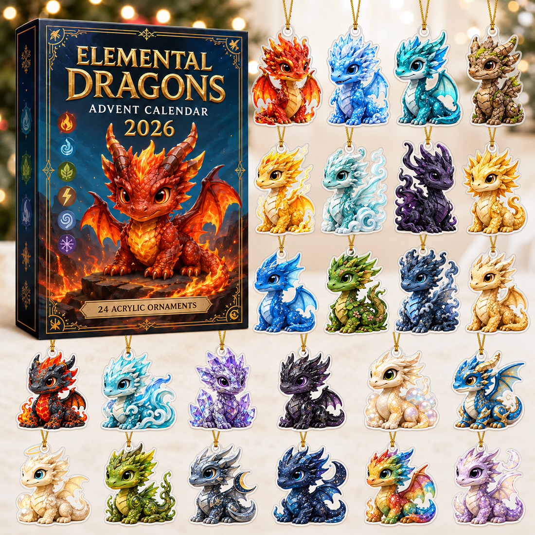 Elemental Dragons Advent Calendar 2026 24 Day Festive Countdown Acrylic Charms Blind Box Gift For Dragon Lovers