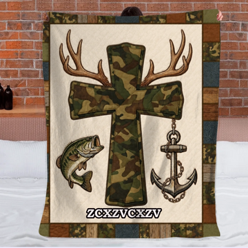 Faith And Outdoors Camo Cross Customized Blanket – Personalized Name - Gifts For Fishing Enthusiasts, Outdoor lovers0001