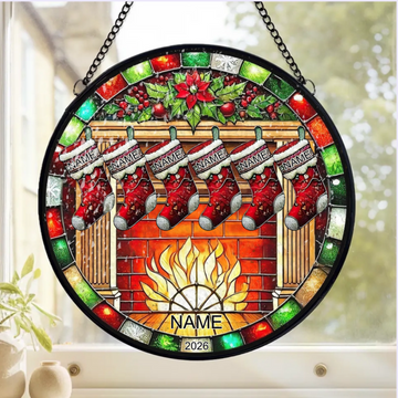 Family Stockings On Fireplace Personalized Window Stained Glass Suncatcher Hanging