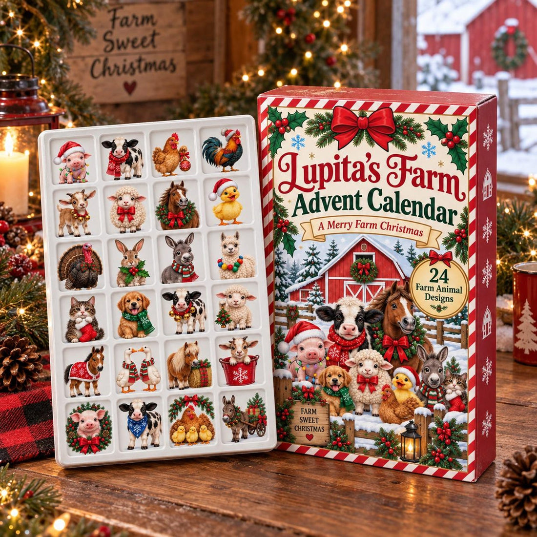 Farm Animal Advent Calendar Personalized Christmas Countdown Box Red Paper And Acrylic