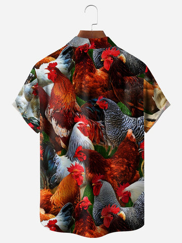 Farm Chicken Chest Pocket Short Sleeve Casual Hawaiian Shirt