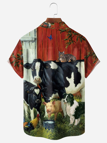 Farm Dairy Cow Chest Pocket Short Sleeve Casual Hawaiian Shirt