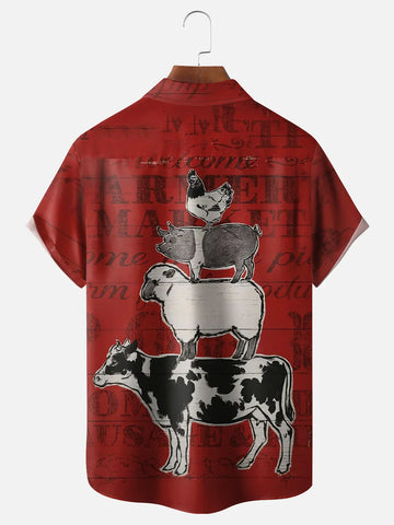 Farm Pig Cow Chicken Chest Pocket Hawaiian Shirt