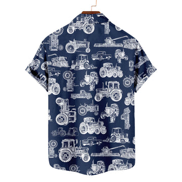 Farm Tractor Hawaiian Shirt – Navy Blueprint Vintage Farm Machinery All Over Print Aloha