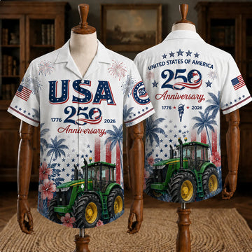 Farmer Hawaiian Shirt, USA 250th Anniversary 1776-2026 Tractor Shirt, 4th of July Patriotic Aloha Shirt, Independence Day Gift for Farmer Dad