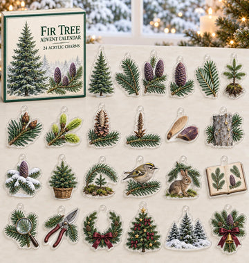 Fir Tree advent calendar with 24 custom-shaped flat acrylic charms and printed dimensional artwork 2026 - 24-Day Countdown, Acrylic Charms