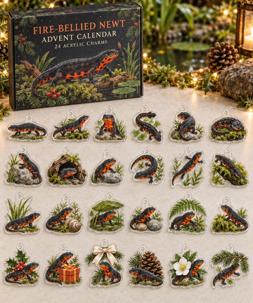 Fire-Bellied Newt advent calendar with 24 custom-shaped flat acrylic charms and printed dimensional artwork 2026 - 24-Day Countdown, Acrylic Charms