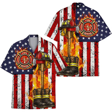 Fire Honor Rescue Courage USA Flag Firefighter Hawaiian Shirt For Men, Firefighter Patriotic Hawaiian Shirt HE0369