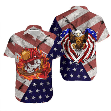 Firefighter Fire Fighter Skull Eagle American Flag Red And White Aloha Hawaiian Shirts For Men Women, 4th Of July Gift For Summer, Friend, Family