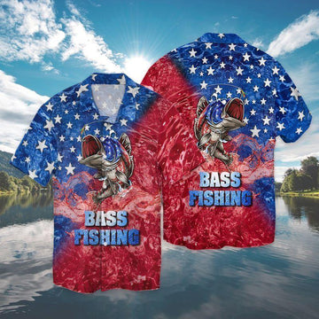 Fishing Hawaiian Shirt, 4th Of July Independence Day Bass Fishing American Flag Aloha Hawaiian Shirts For Men Women, Gift For Summer, Patriot, Friend