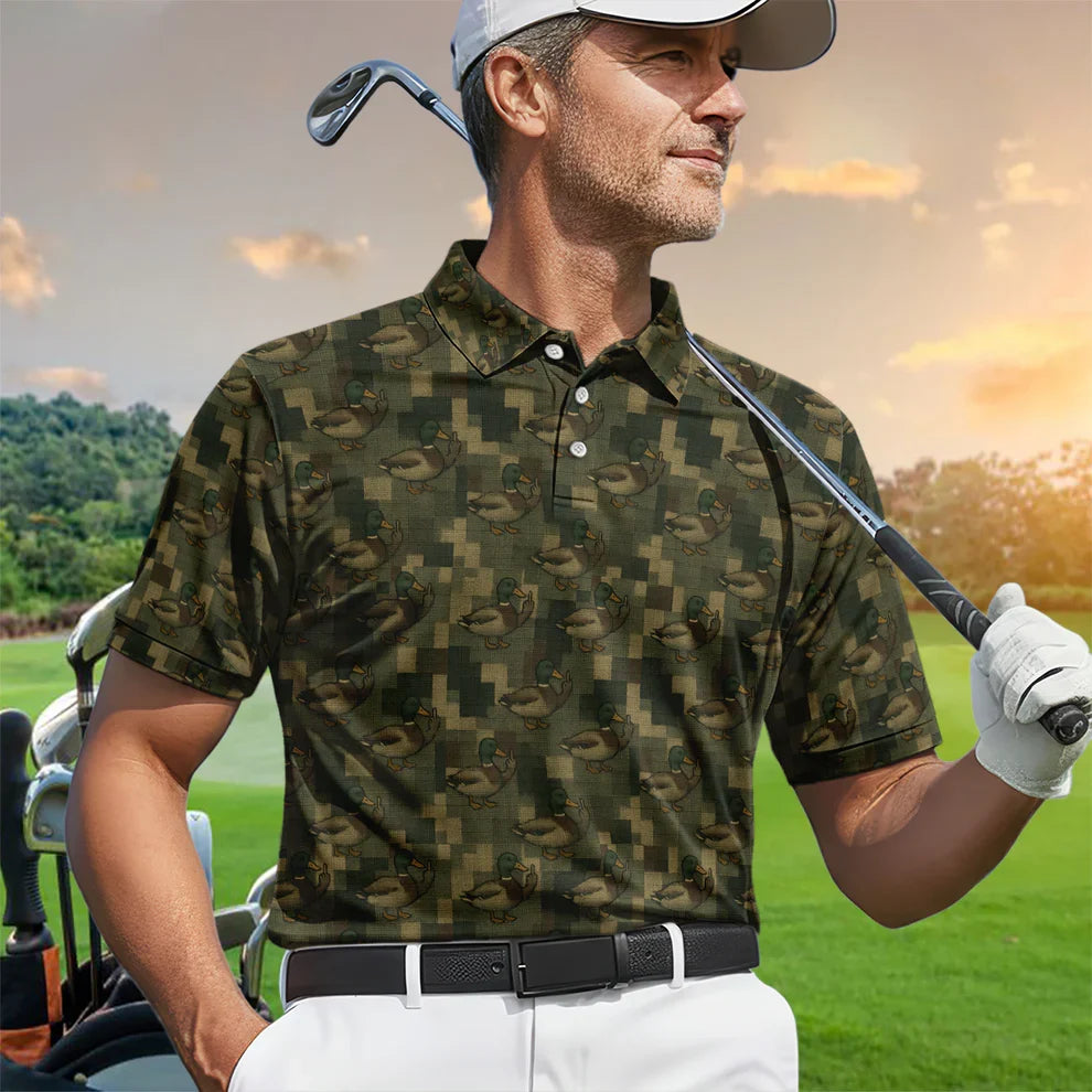 Mallard Duck Camo Polo Shirt For Men, Waterfowl Pattern Shirt