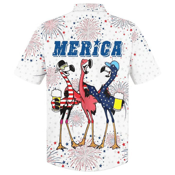 Flamingo Aloha Hawaiian Shirts For Summer, Flamingo Drinking Beer In USA Flag Happy Independence Day Aloha Hawaiian Shirt For Men Women, 4th Of July