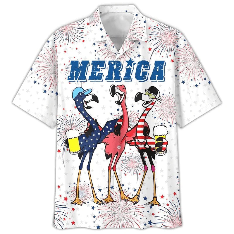 Flamingo Aloha Hawaiian Shirts For Summer, Flamingo Drinking Beer In USA Flag Happy Independence Day Aloha Hawaiian Shirt For Men Women, 4th Of July