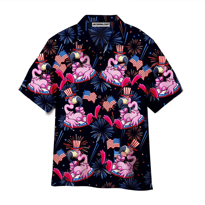Flamingo American Flag Firework Pattern Aloha Hawaiian Shirts For Men Women, 4th Of July Gift For Summer, Friend, Family, Independence Day