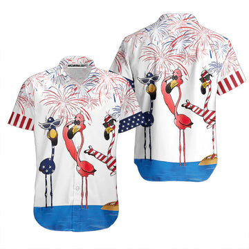 Flamingo On Beach American Flag Firework Aloha Hawaiian Shirts For Men Women, 4th Of July Gift For Summer, Friend, Family, Independence Day