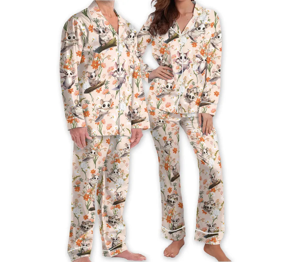 Floral Sugar Glider Pajamas Animal Pajama Set Family, Funny Sugar Glider Matching Pajamas Set, Couple Pajamas, Birthday Gift