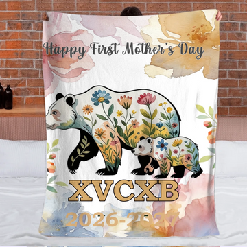 Floral Mom-Kid Bear Customized Soft Throw Blanket – Personalized Title, Text And Year – Home Decor Mother's Day Gift
