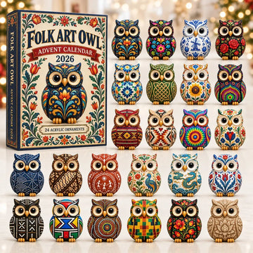 Folk Art Owl Advent Calendar 2026 - 24-Day Countdown, Acrylic Charms
